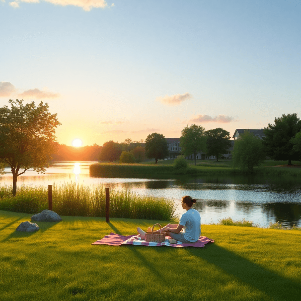 A couple enjoys a picnic on the grass by a picturesque lake, surrounded by lush greenery and a warm sunset, with hints of local wildlife enhancing ...