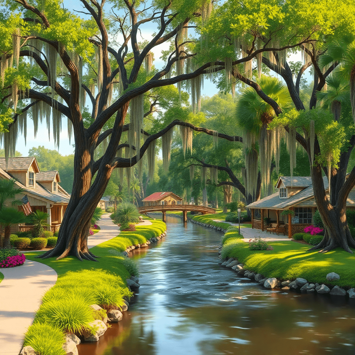 A picturesque small-town landscape in Roseland, Florida, showcasing lush greenery, ancient oak trees with Spanish moss, and the serene flow of the ...