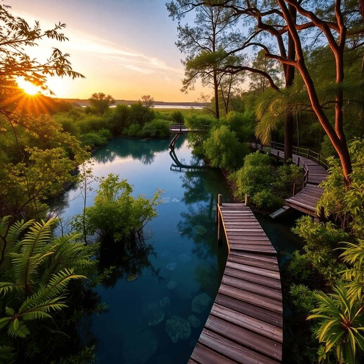 A serene sunset over Fanning Springs, with crystal-clear waters and lush greenery surrounding a wooden boardwalk, creating a romantic outdoor atmos...