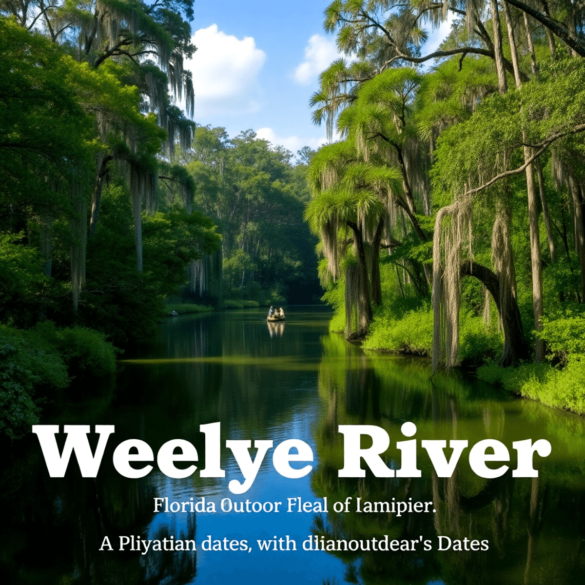 A tranquil view of the Weeki Wachee River, bordered by lush greenery and cypress trees, featuring a canoe gently floating on the water in a picture...