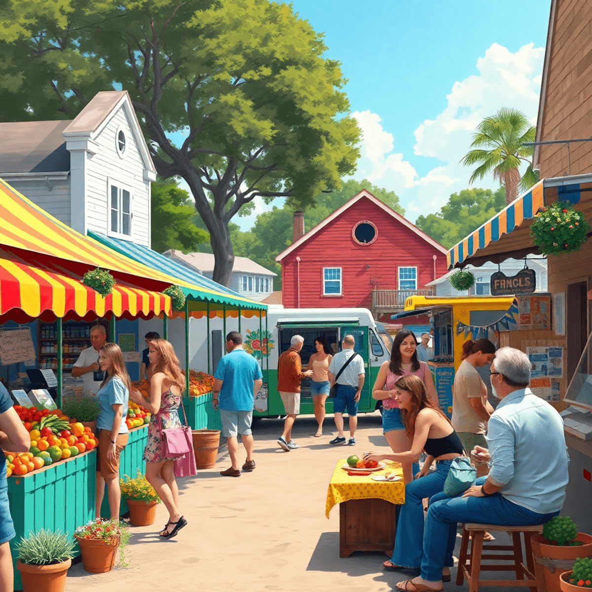 A vibrant small-town festival in Mayo, Florida, with colorful stalls of local produce, handmade crafts, food trucks, and people enjoying live music...