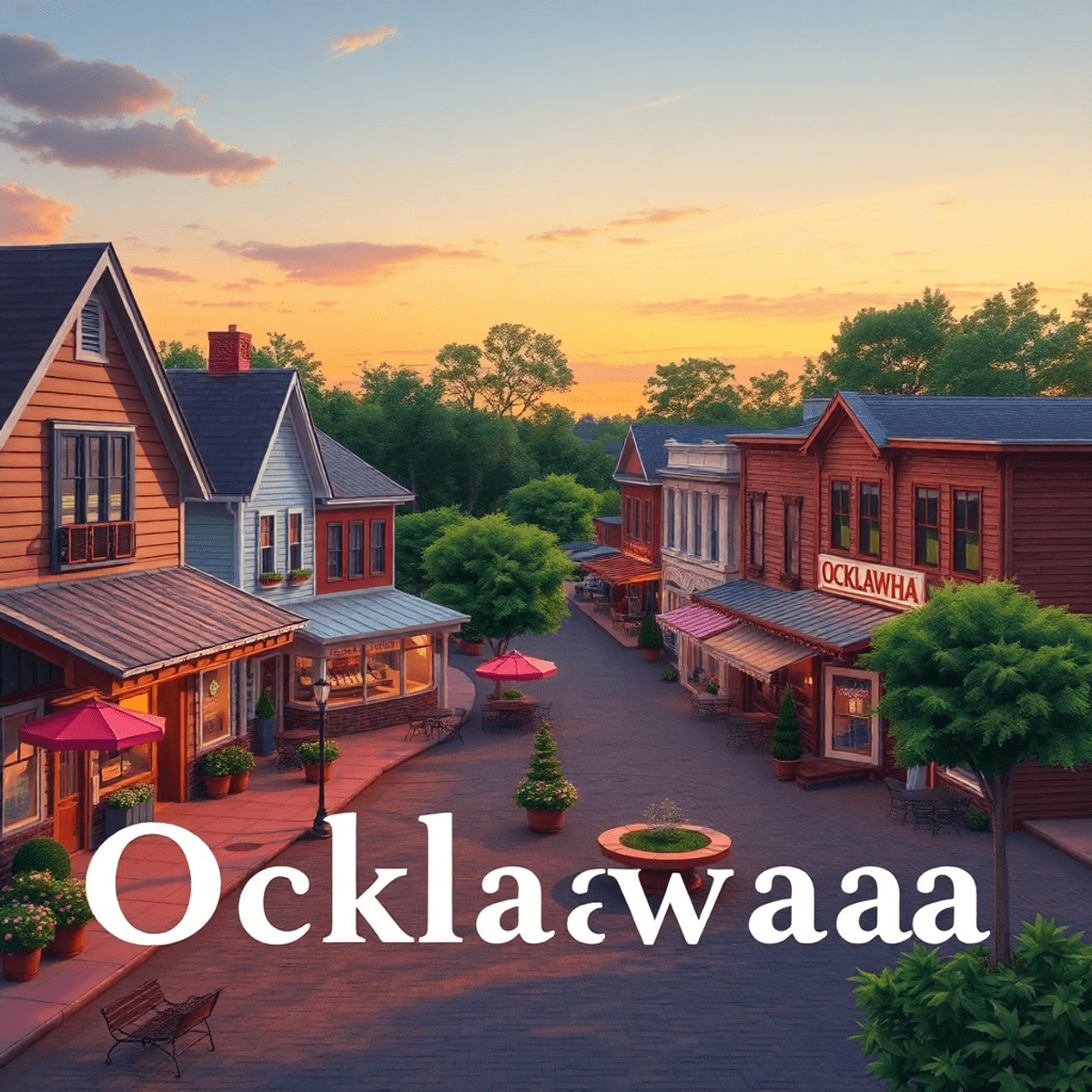 A charming small-town scene in Ocklawaha, Florida, with cafes, parks, and hints of outdoor adventures under a warm sunset, evoking community and ro...