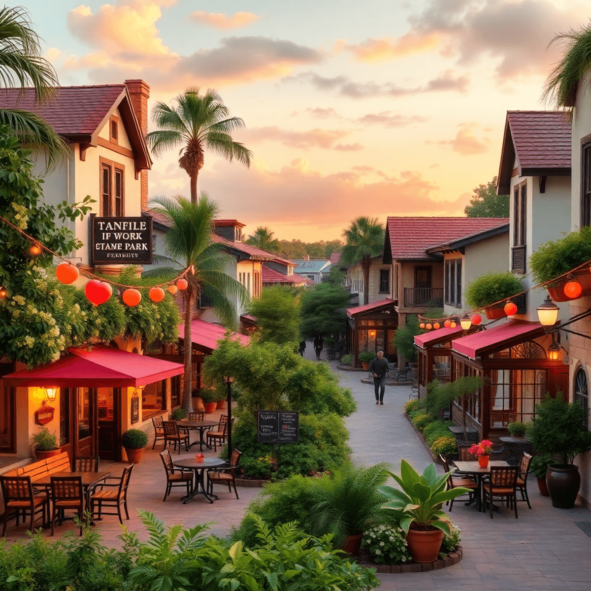 A scenic view of Tangelo Park, Florida, featuring cozy outdoor cafes, vibrant community spaces, and lush greenery, with subtle romantic touches thr...