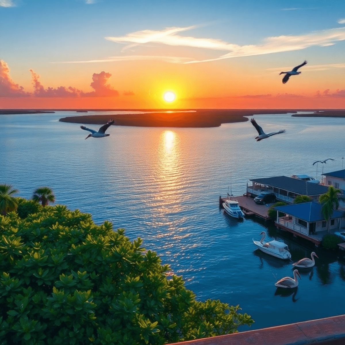 A scenic view of Sewall's Point, Florida, featuring the St. Lucie River at sunset, surrounded by lush greenery and birds like herons and pelicans.