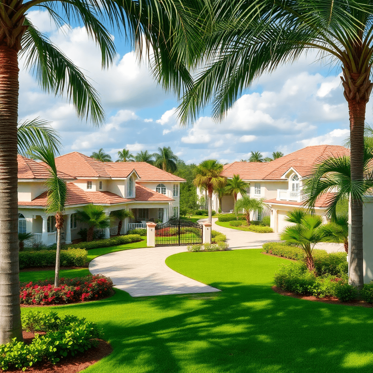 A vibrant gated community in Florida with elegant homes, lush greenery, palm trees, and inviting outdoor spaces, evoking warmth and a friendly atmo...