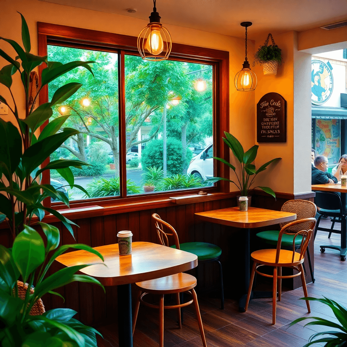 A cozy coffee shop in Bear Creek, Florida, featuring warm lighting, intimate tables, lush greenery outside, and charming local decor, creating a we...