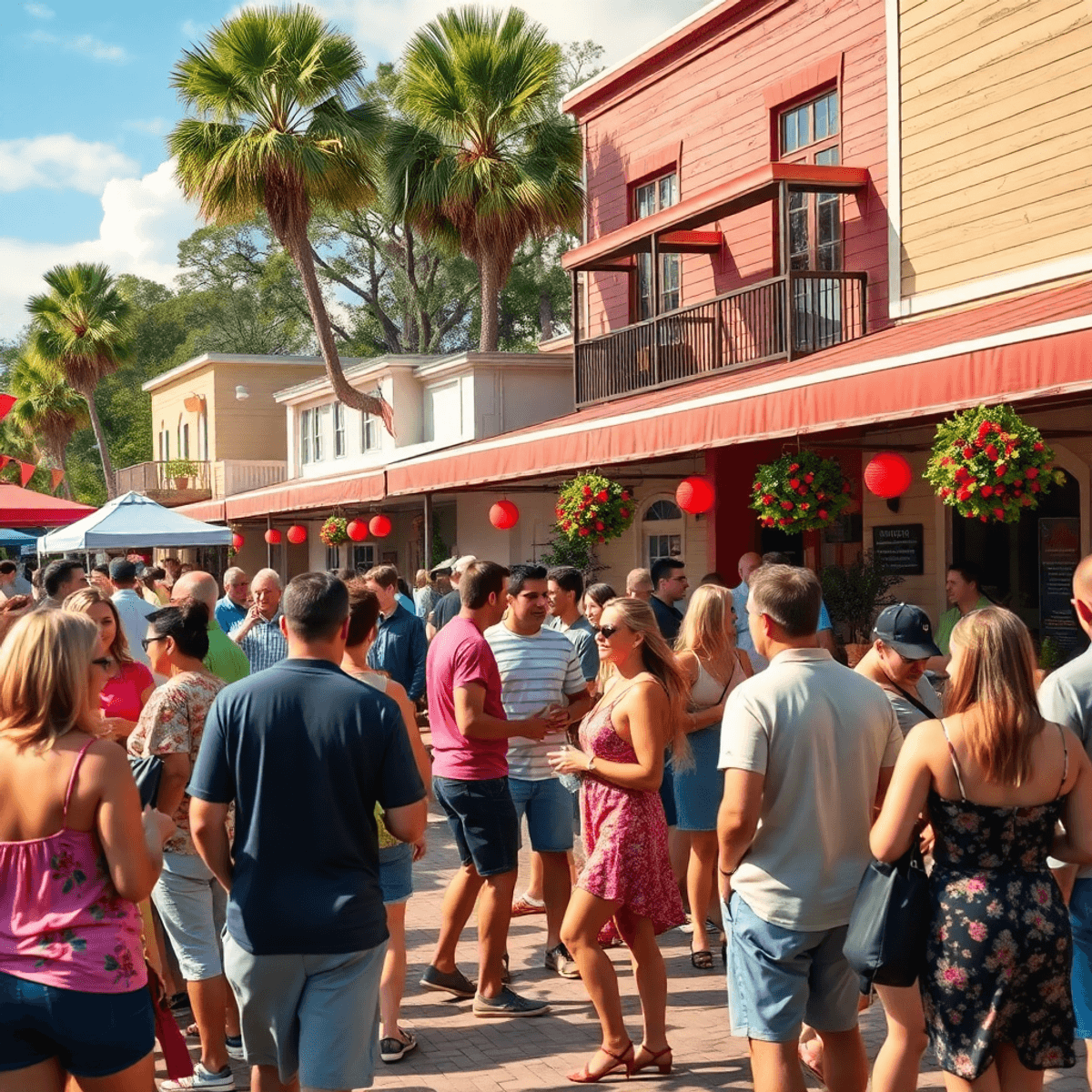 A lively outdoor social event in Trenton, Florida, featuring singles mingling among colorful decorations, food stalls, and music, set against charm...