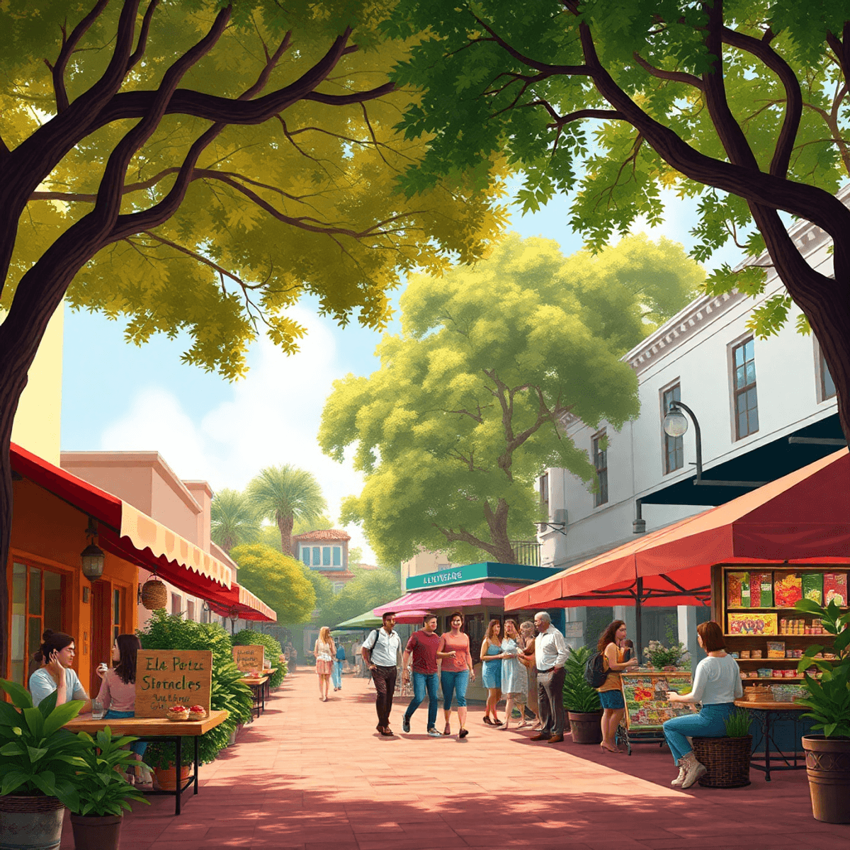 A vibrant scene of El Portal, Florida, featuring tree-lined streets, a cozy café with patrons enjoying coffee, colorful farmers' market stalls, and...