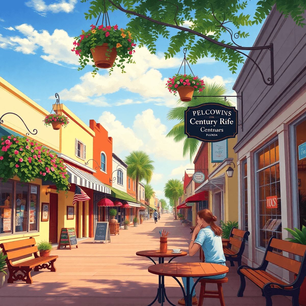 A cozy small-town street in Century, Florida, featuring charming cafes and shops, warm colors, hanging flower baskets, and a couple enjoying coffee...