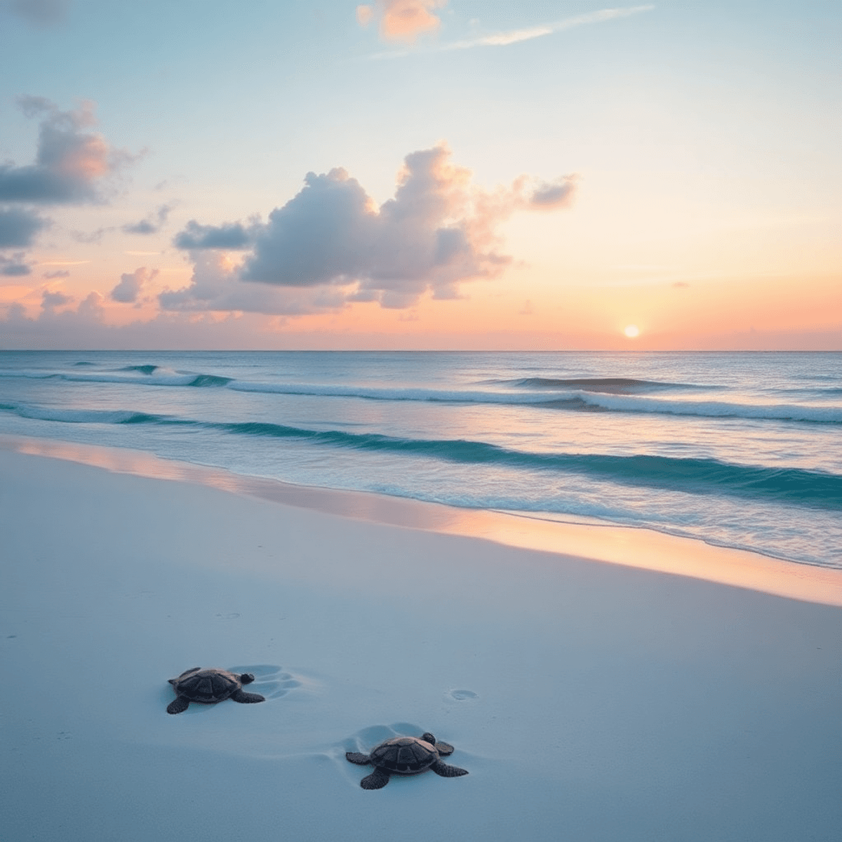 A serene sunrise at Wabasso Beach with soft pastel colors in the sky, gentle waves, pristine white sand, and sea turtle nests creating a romantic a...