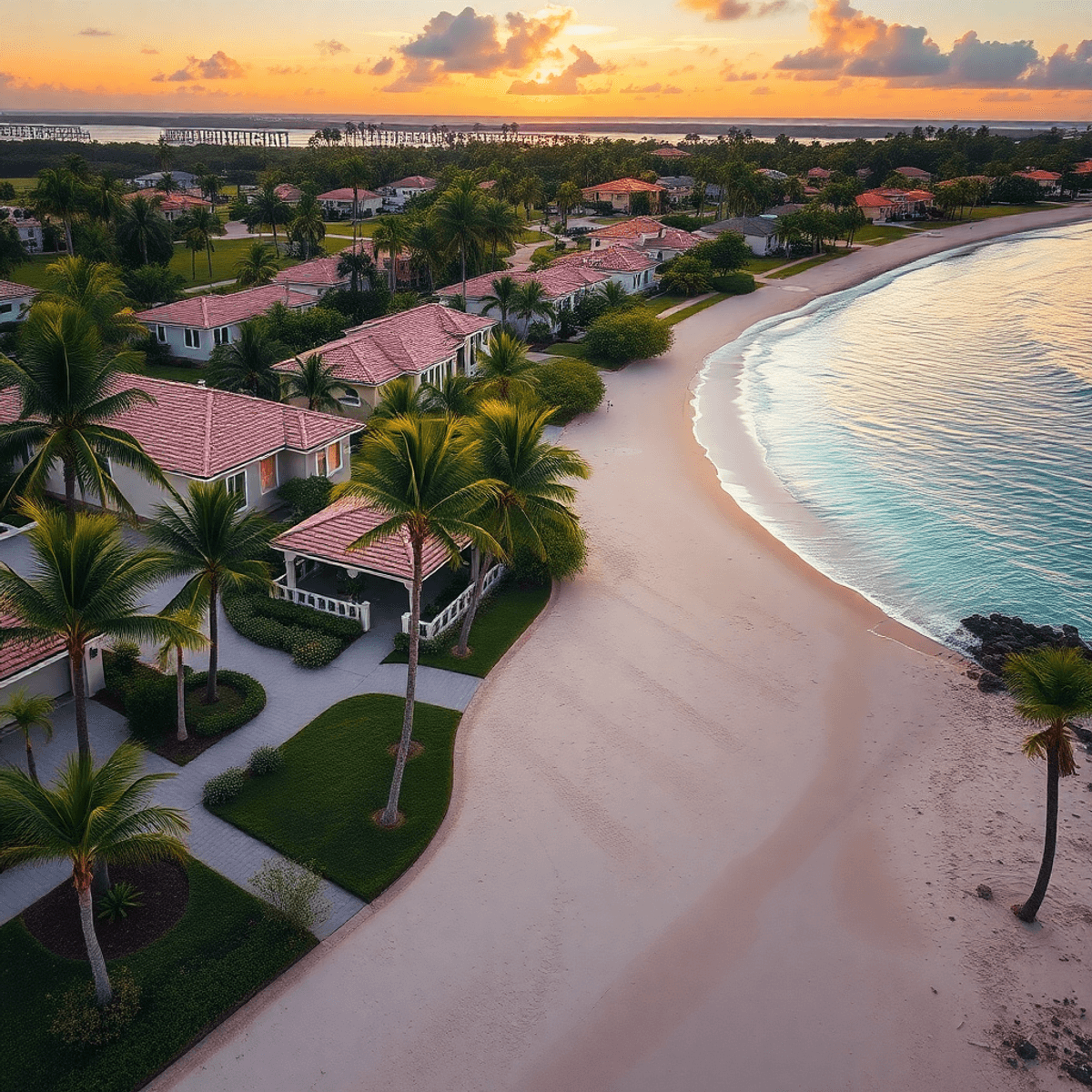 A serene coastal scene in Gulf Stream, Florida, featuring pristine beaches, Mediterranean-style estates, tree-lined streets, and a romantic sunset.