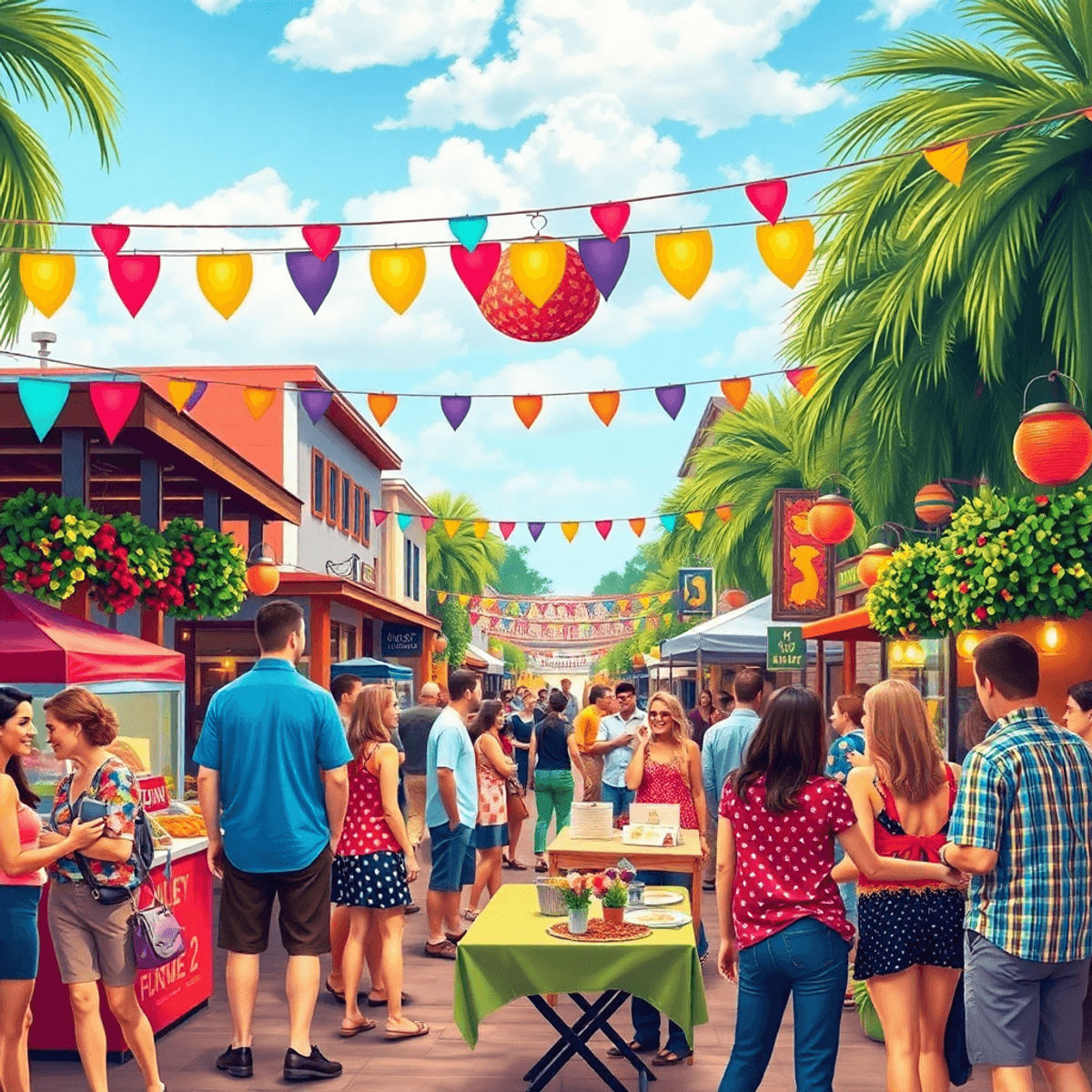A lively outdoor event in a Southern town, featuring colorful decorations, food stalls, and people mingling, creating a warm and welcoming atmosphere.