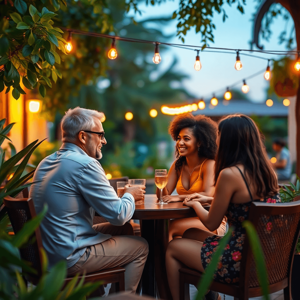 A cozy outdoor speed dating event in Fort Green Springs, Florida, featuring singles engaged in lively conversation amidst warm lighting and greenery.