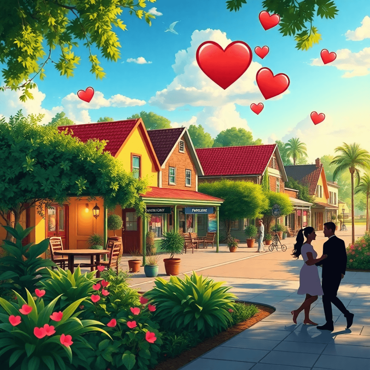 A charming small town in Florida with lush greenery, local landmarks, and a couple's silhouette enjoying nature, creating a romantic and inviting a...
