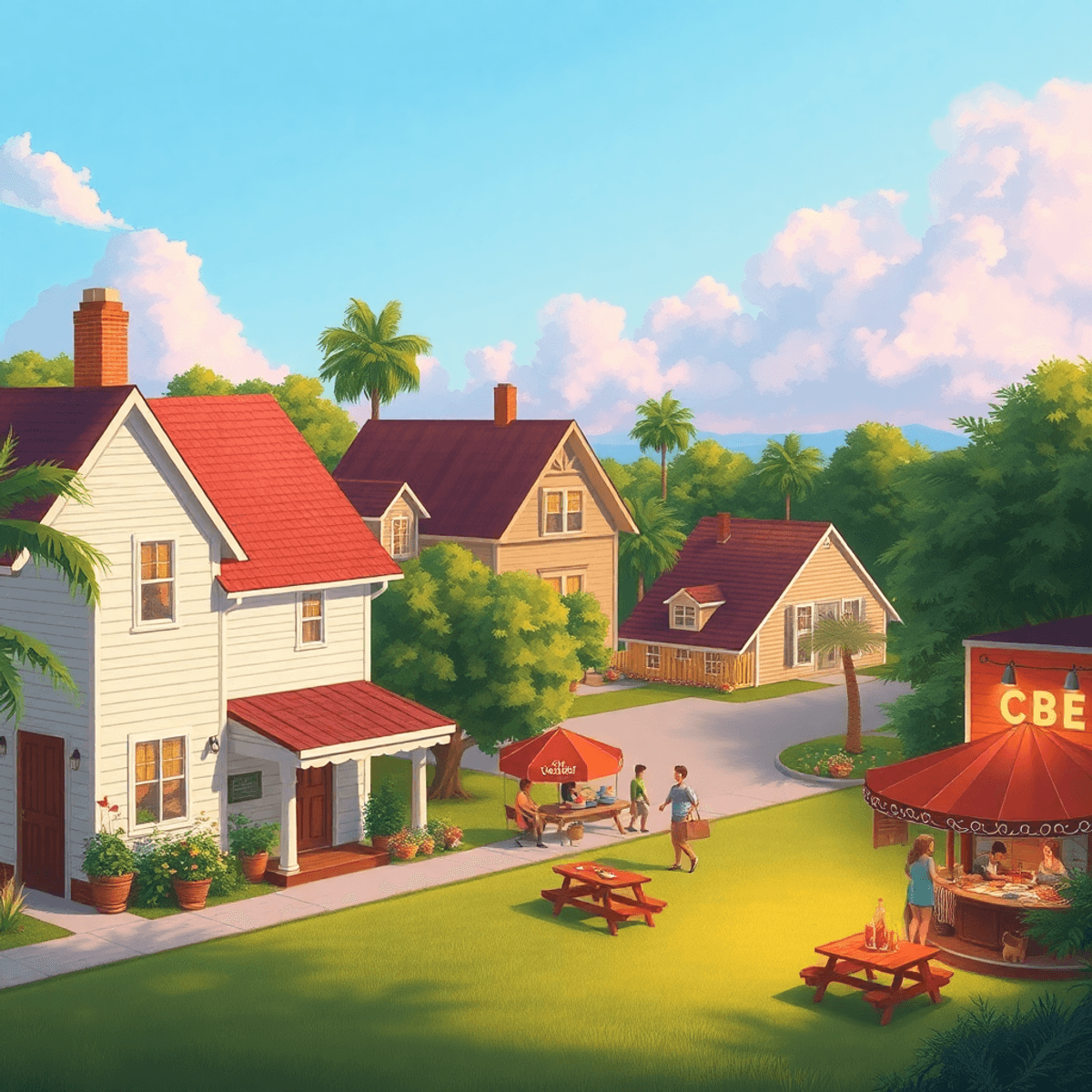 A charming small-town scene in Chaires, Florida, showcasing cozy homes, lush greenery, and hints of community life like a grocery store and a barbe...