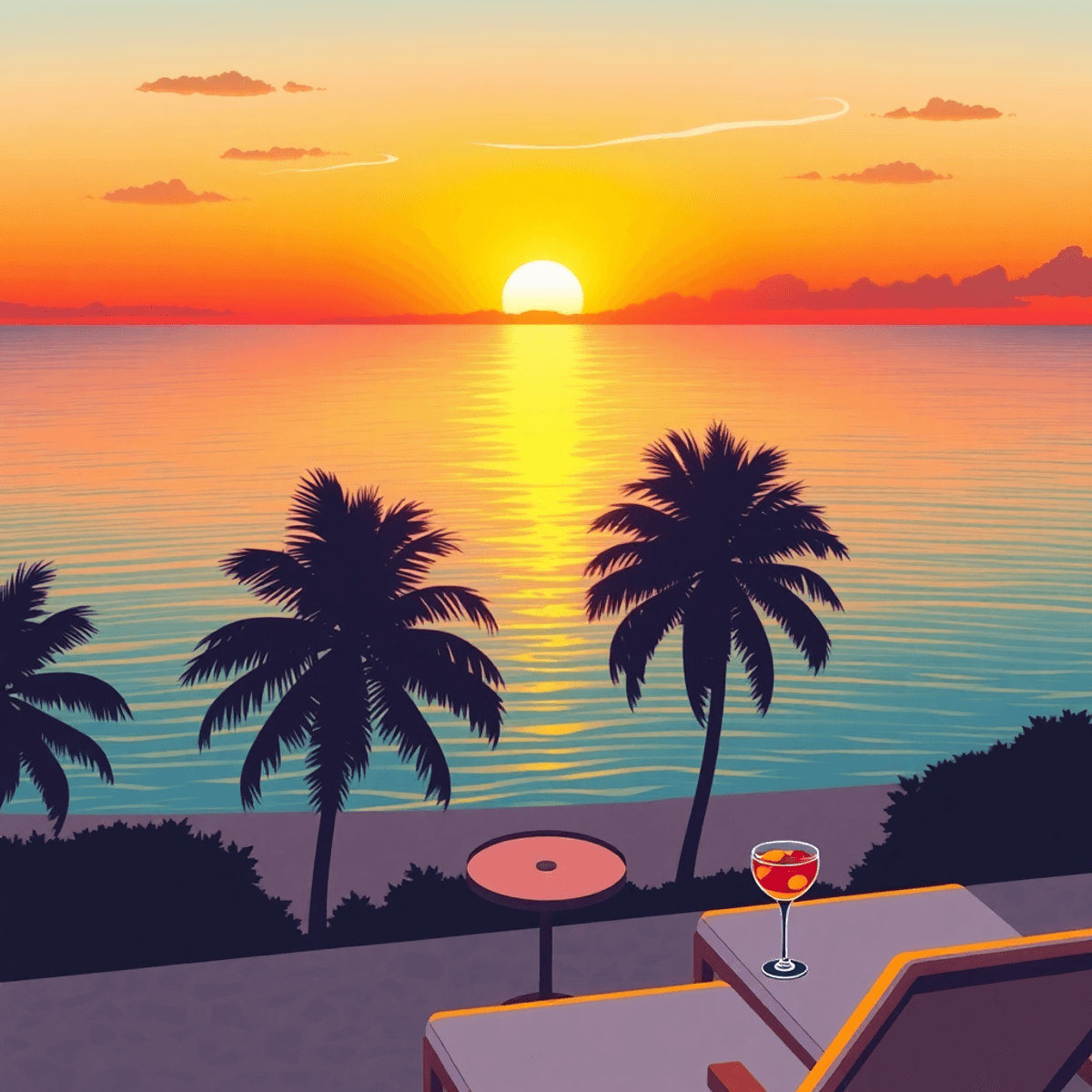A serene sunset over Duck Key's waters, with palm tree silhouettes, a beach lounge chair, and a cocktail on a table, creating a romantic and relaxe...