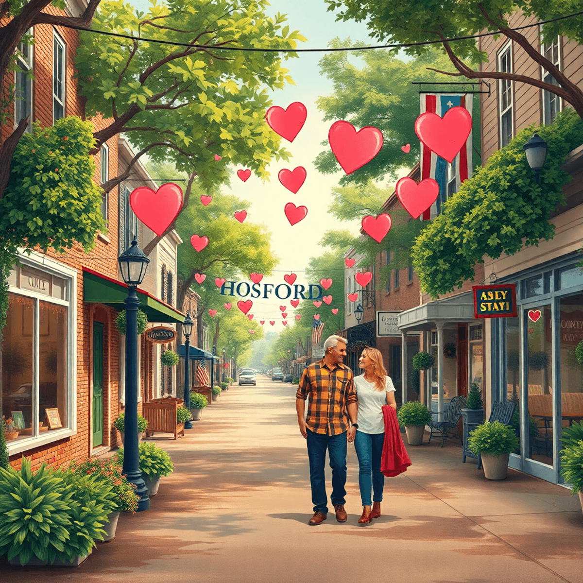 A cozy small-town street in Hosford, Florida, with charming shops, couples walking hand-in-hand, and lush greenery against a backdrop of Southern a...
