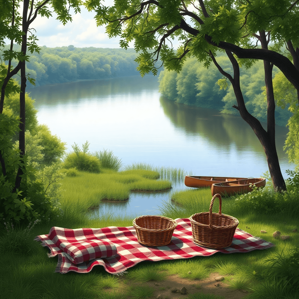 A scenic view of the Suwannee River with lush greenery, a cozy picnic setup with a blanket and basket, and nearby hiking trails and canoes, embodyi...
