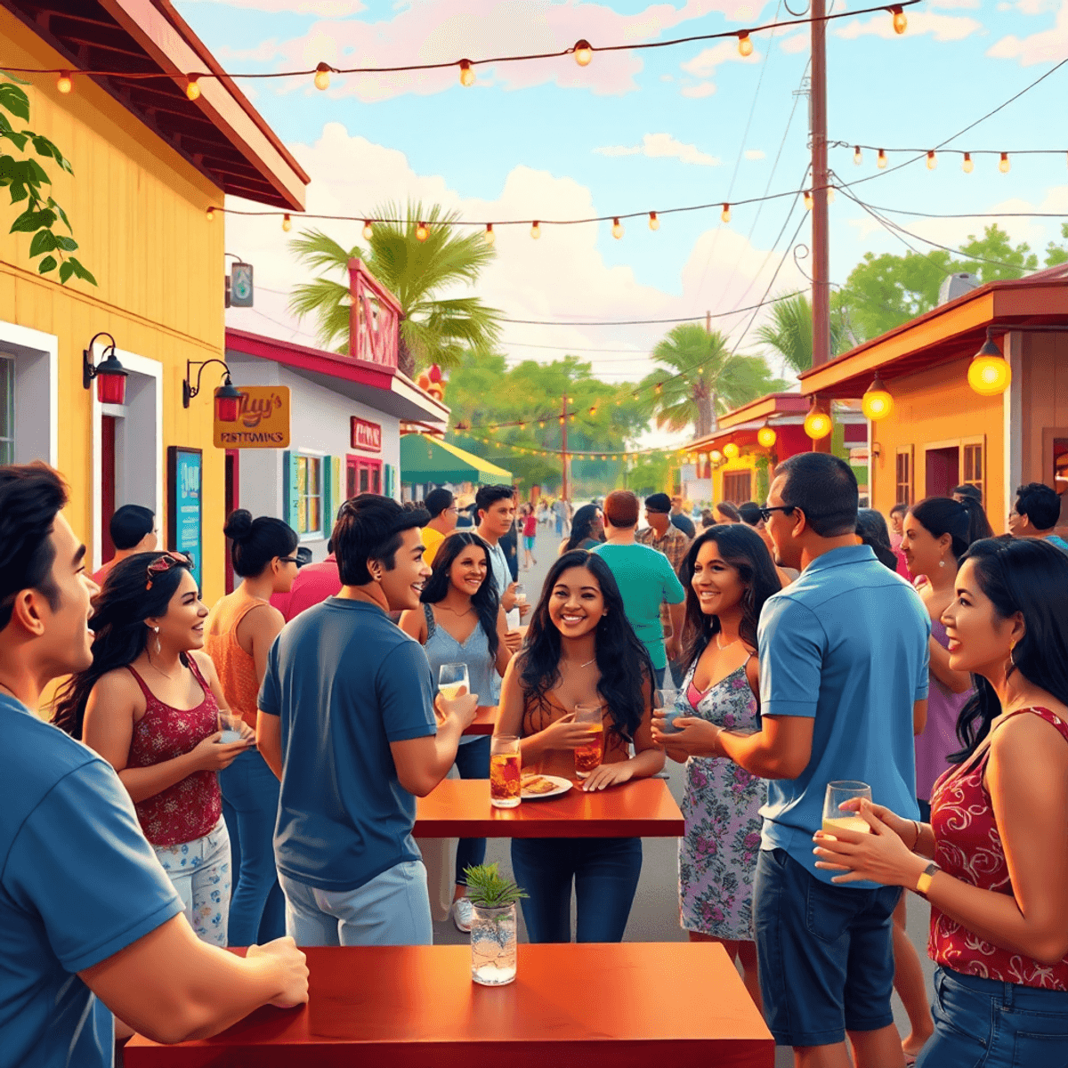 A lively small-town gathering in Jay, Florida, with singles engaging in outdoor activities, themed nights, and enjoying a welcoming atmosphere fill...