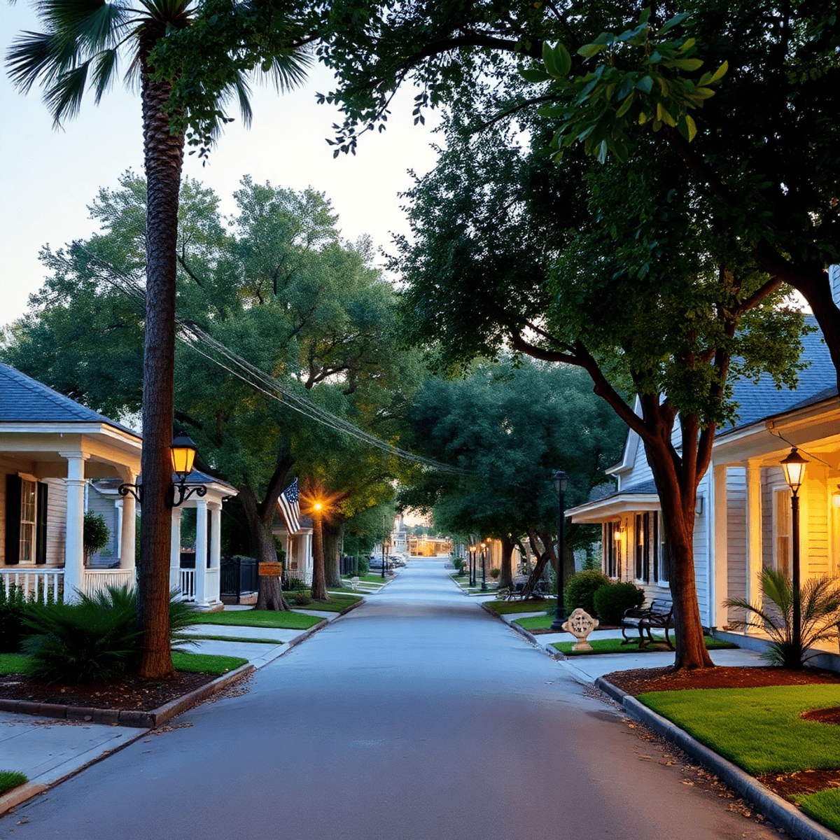 A serene small-town street in Gretna, Florida, lined with charming houses and lush trees, featuring a cozy bench under a tree and soft glowing ligh...