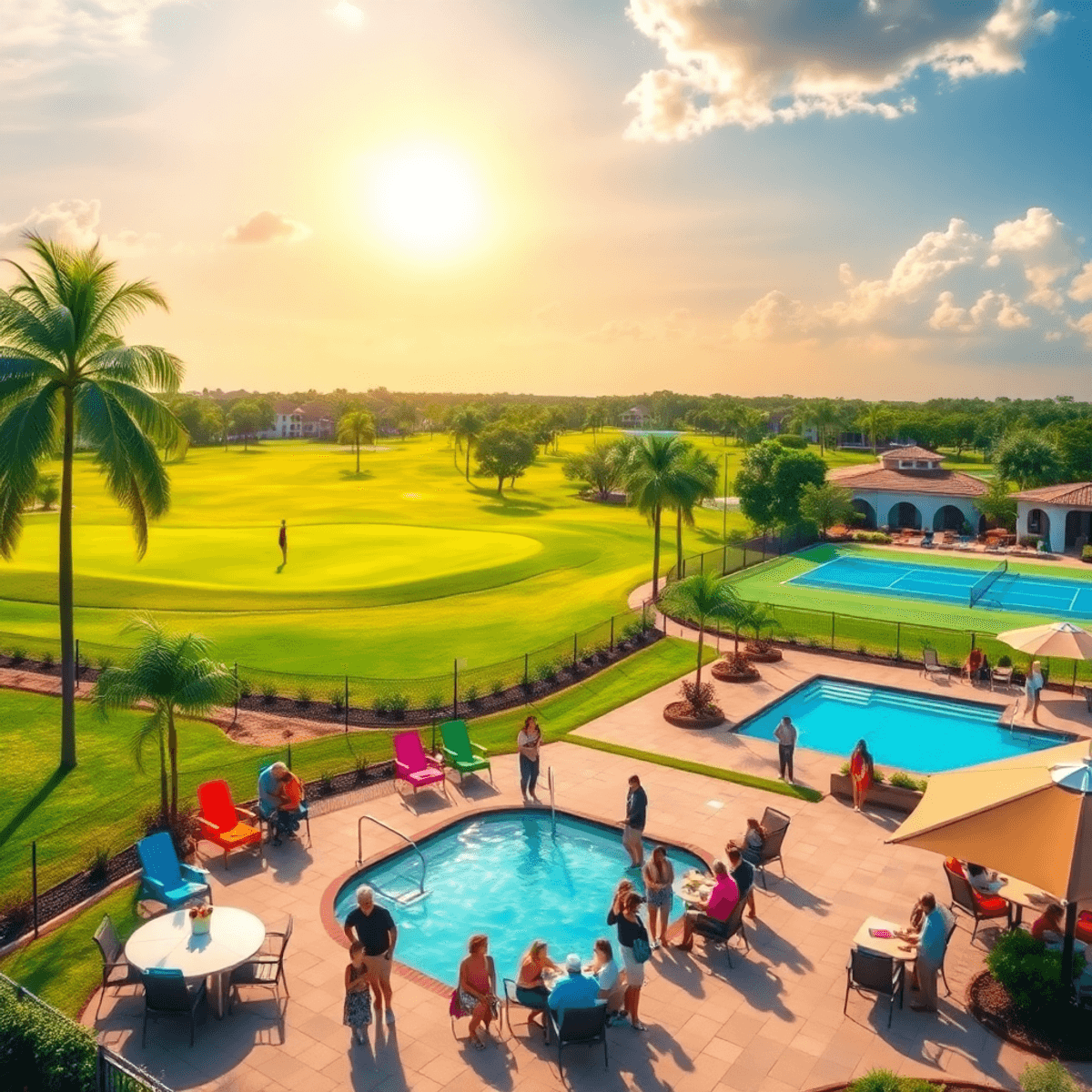 A sunny Florida landscape with a golf course, tennis courts, and a community pool area. People enjoy outdoor activities and socialize in colorful l...