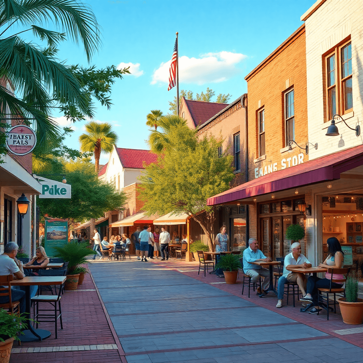 A lively small-town street in East Williston, Florida, with local cafes, outdoor seating, and people socializing, creating a warm atmosphere of con...