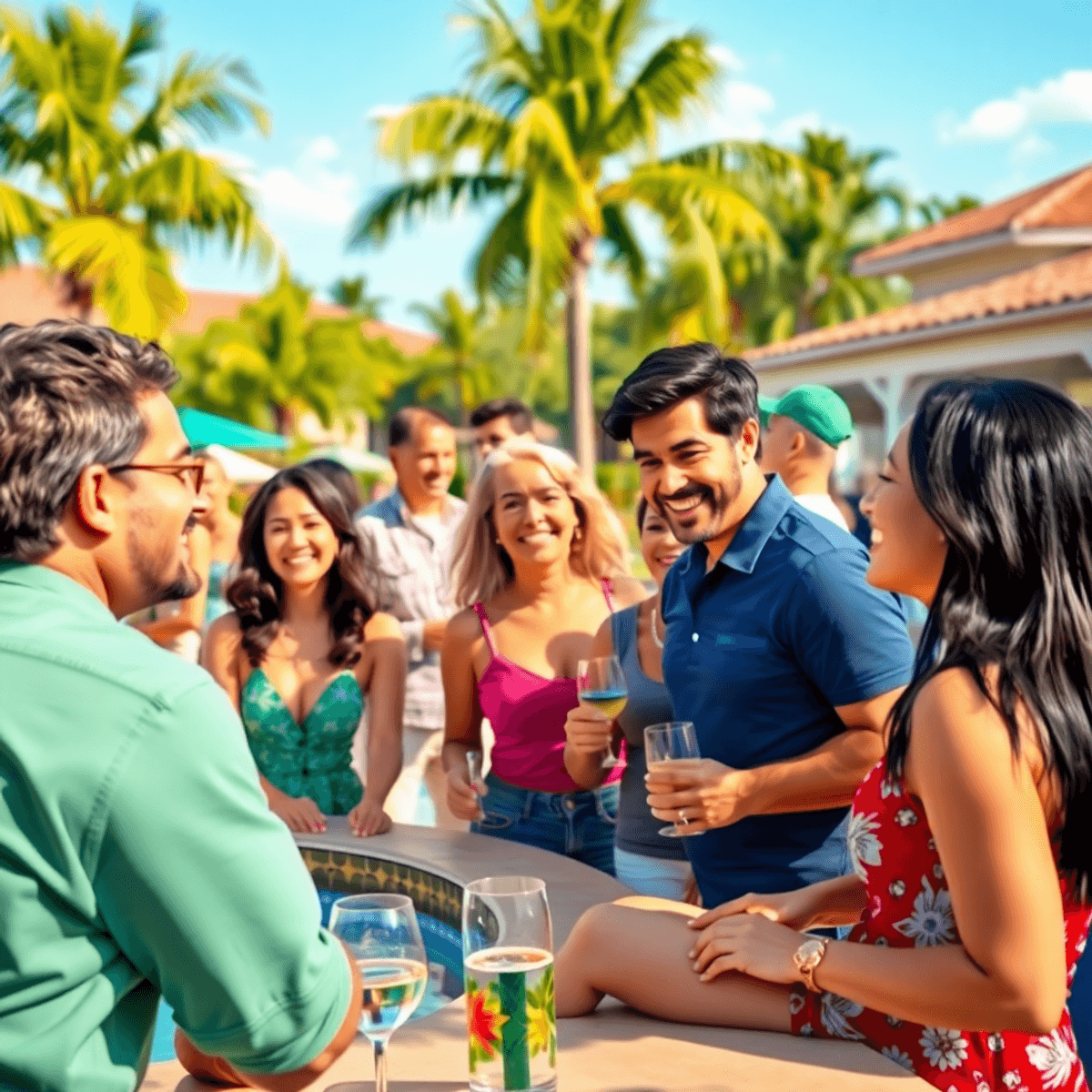A lively community gathering in Pine Lakes, Florida, featuring singles enjoying a poolside party and golf event, surrounded by palm trees and sunny...