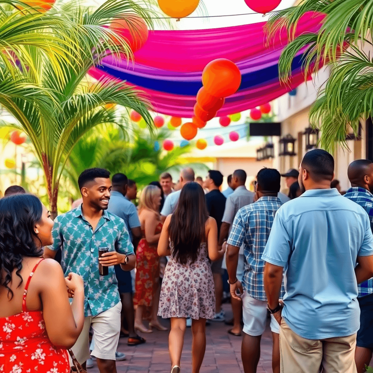 A lively outdoor community event in Homestead Base, Florida, with tropical plants, colorful decorations, and people engaging in conversation and la...