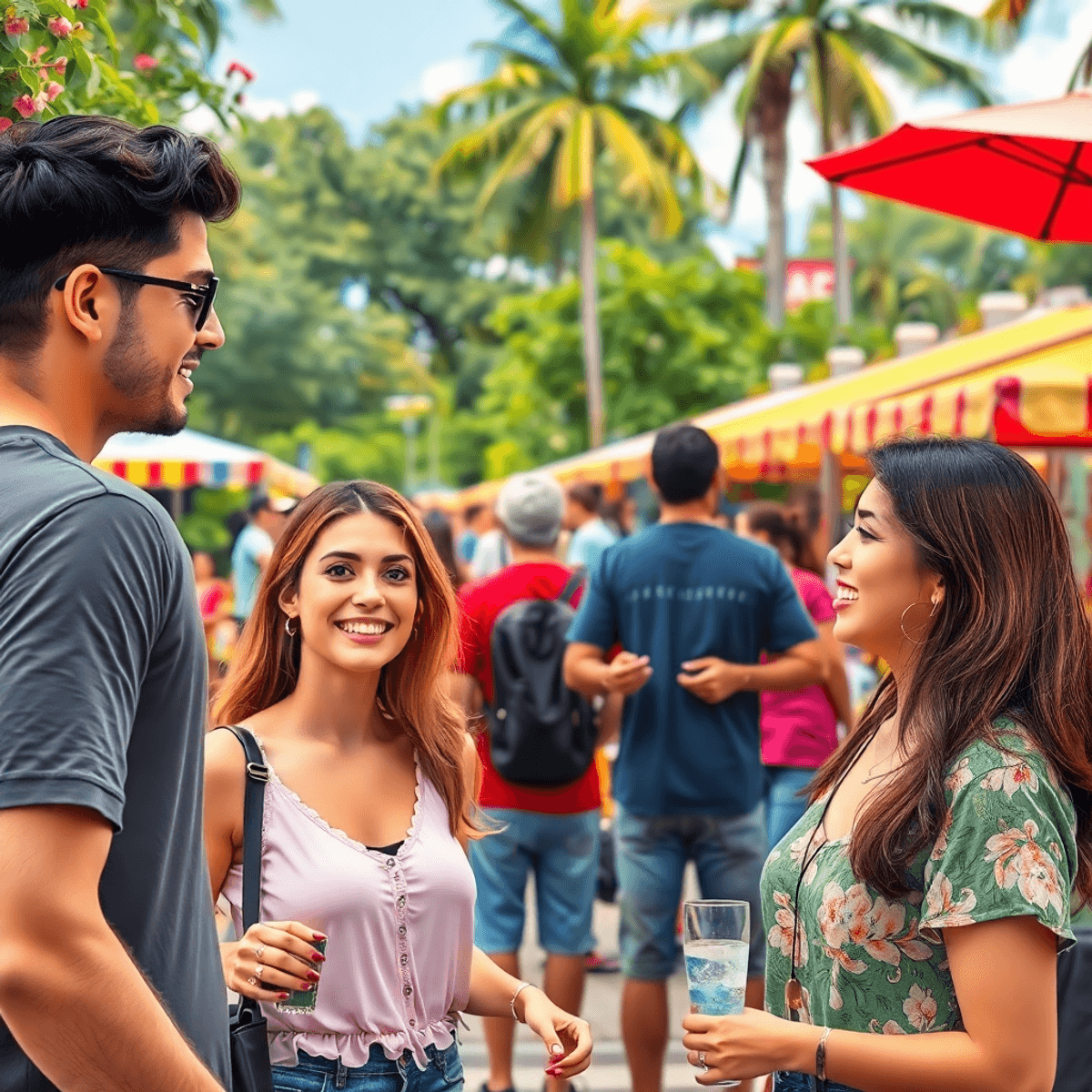A lively outdoor event in Rio, Florida, with a group of singles chatting and enjoying activities among vibrant stalls and lush greenery, embodying ...