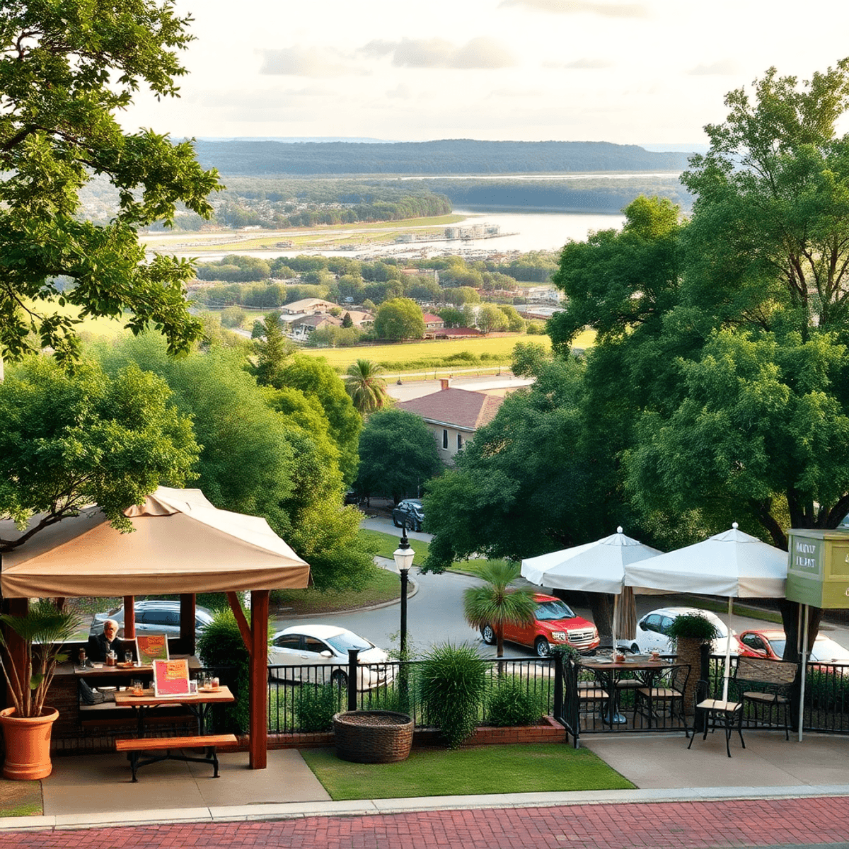 A picturesque landscape of Fort Denaud, Florida, featuring lush greenery, a cozy café, and a romantic riverbank, evoking warmth and community spirit.