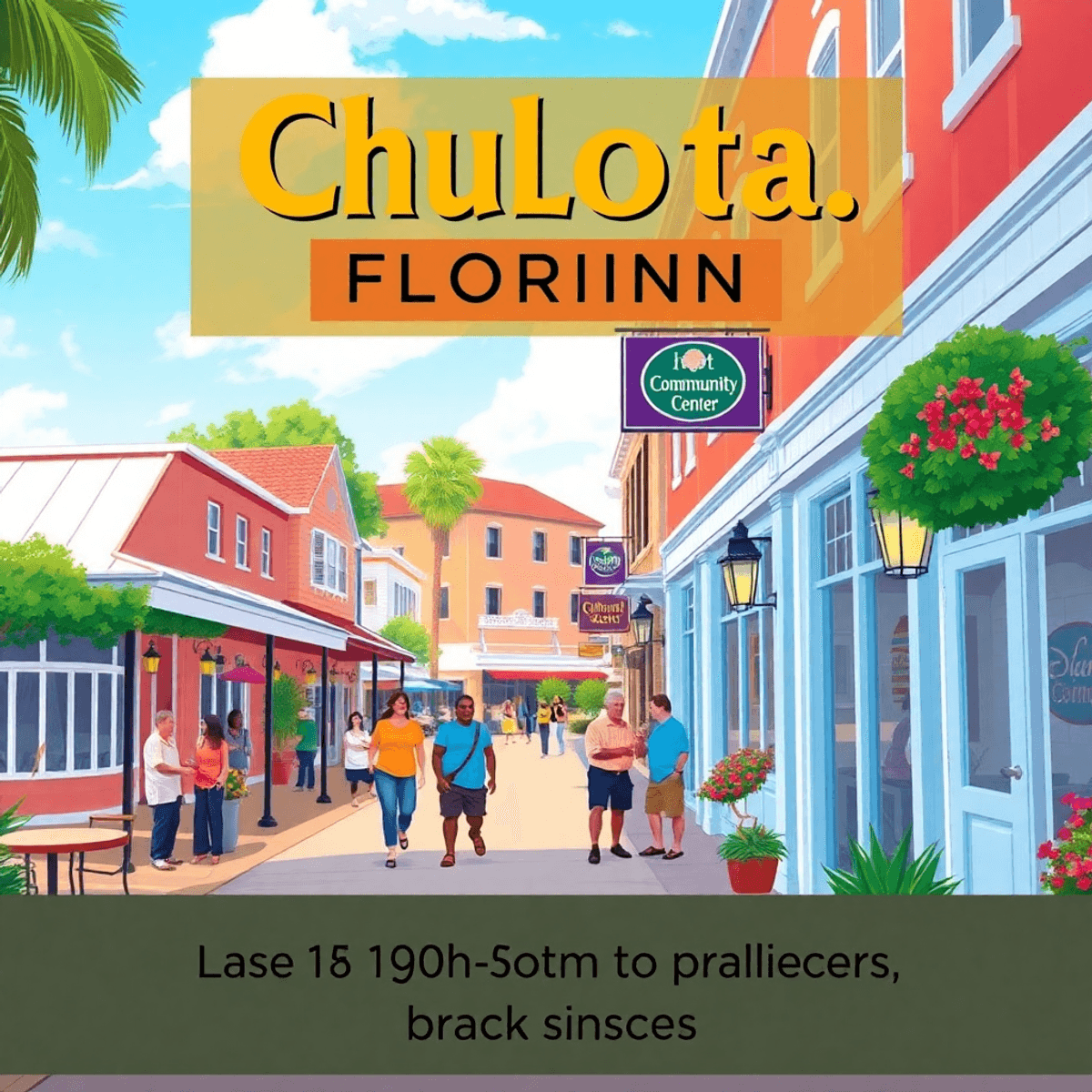 A lively small-town street in Chuluota, Florida, featuring a community center and cultural center, with people socializing, enjoying live music, an...