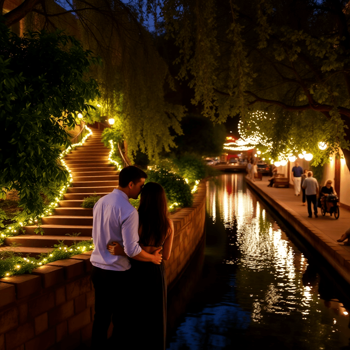 A charming evening scene along the San Antonio River Walk, with winding paths, lush greenery, and sparkling lights reflecting on the water. Perfect...