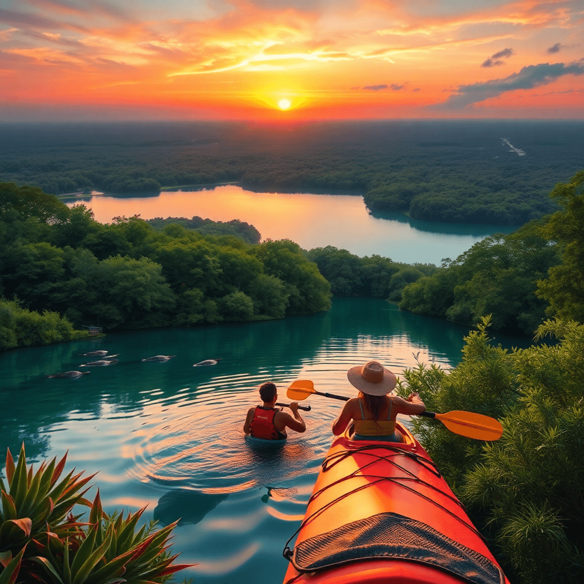 A scenic view of Crystal Springs, Florida, featuring lush greenery and calm waters, with a couple kayaking at sunset, capturing romance in nature.