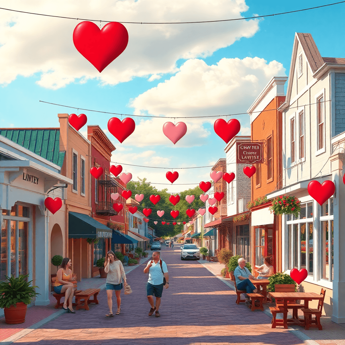 A small-town street in Lawtey, Florida, with charming buildings, heart-shaped decorations, and couples enjoying outdoor activities in a warm, invit...