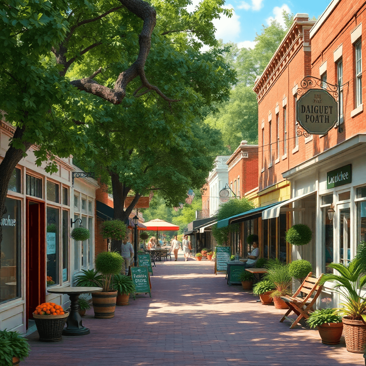 A charming small-town main street in Lacoochee, Florida, lined with local shops and cafes, surrounded by greenery, evoking a warm and inviting comm...