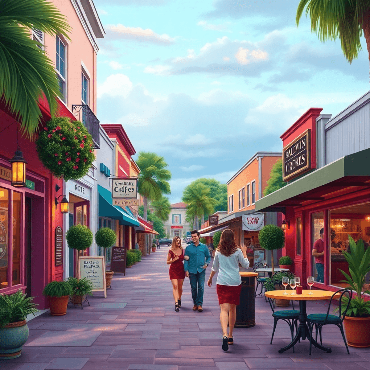 A picturesque small-town street in Baldwin, Florida, featuring charming cafes and shops, with a couple walking hand-in-hand and glasses of wine on ...