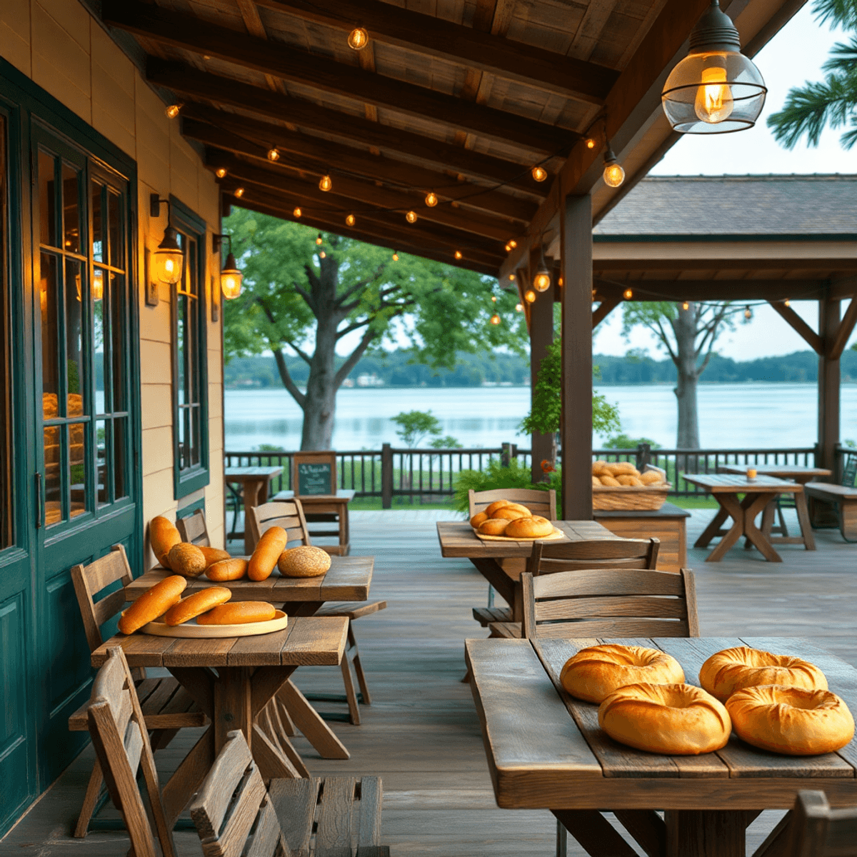 A cozy outdoor patio at a bakery with rustic wooden tables, warm lighting, fresh-baked bread and pastries, and a scenic lakeside view in the backgr...