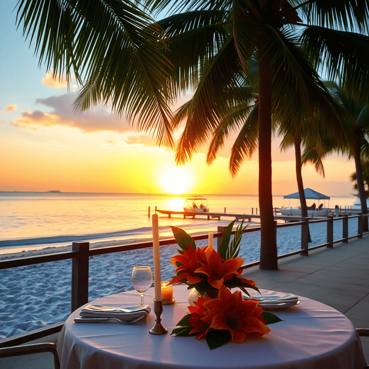A romantic dining setup with candles and tropical flowers on a table, framed by palm trees, overlooking a picturesque sunset at the waterfront in T...