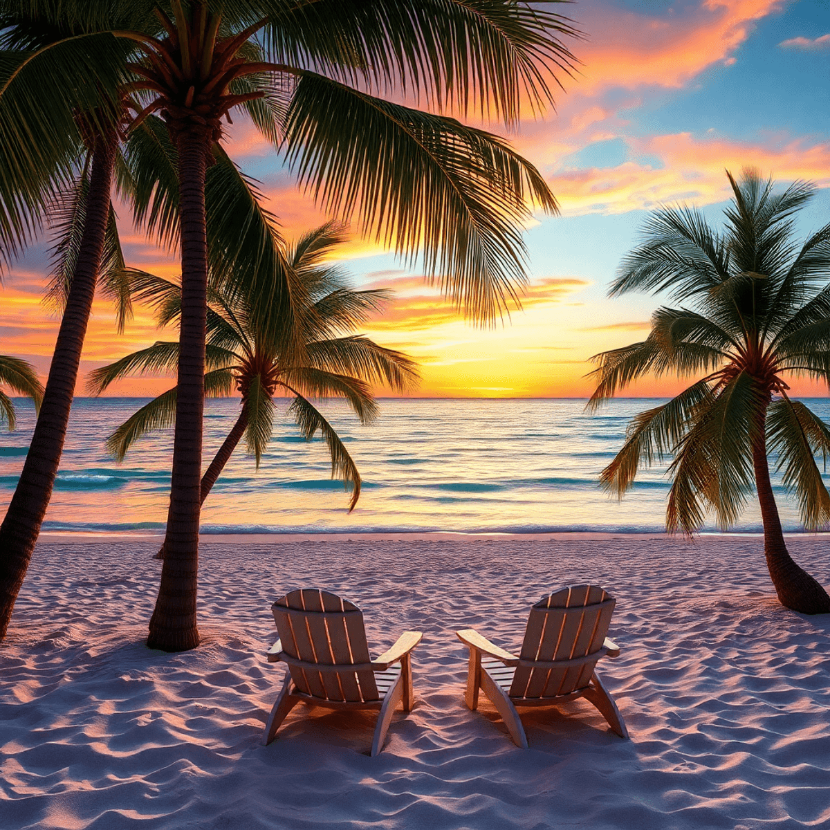 A serene beach scene at Palm Beach Shores, showcasing crystal-clear waters, soft sand, swaying palm trees, and a vibrant sunset with two empty chai...