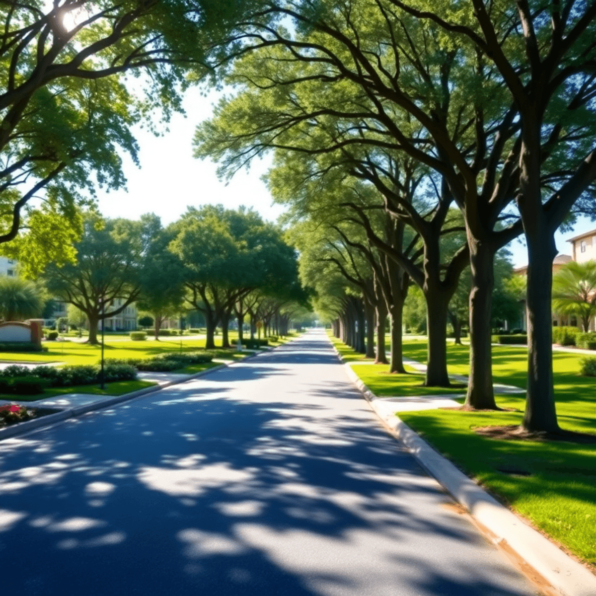 A sunny tree-lined street in Seminole Manor, Florida, featuring well-kept parks, walking trails, and dog-friendly areas, creating a warm and welcom...