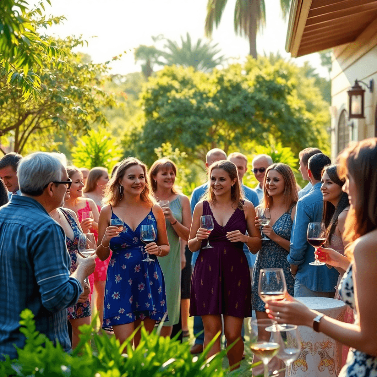 A lively outdoor wine tasting event with people enjoying fine wines amidst lush greenery and warm sunlight, creating a charming and inviting atmosp...