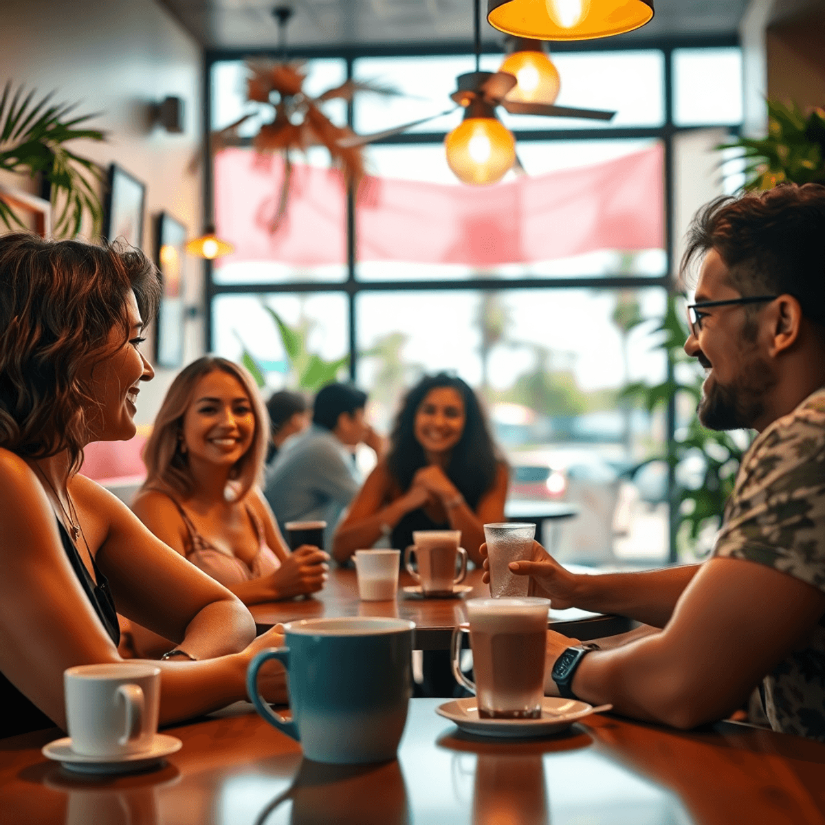 A cozy café scene in Florida with warm lighting, coffee cups, and a small group of people engaging in conversation, surrounded by palm trees and a ...