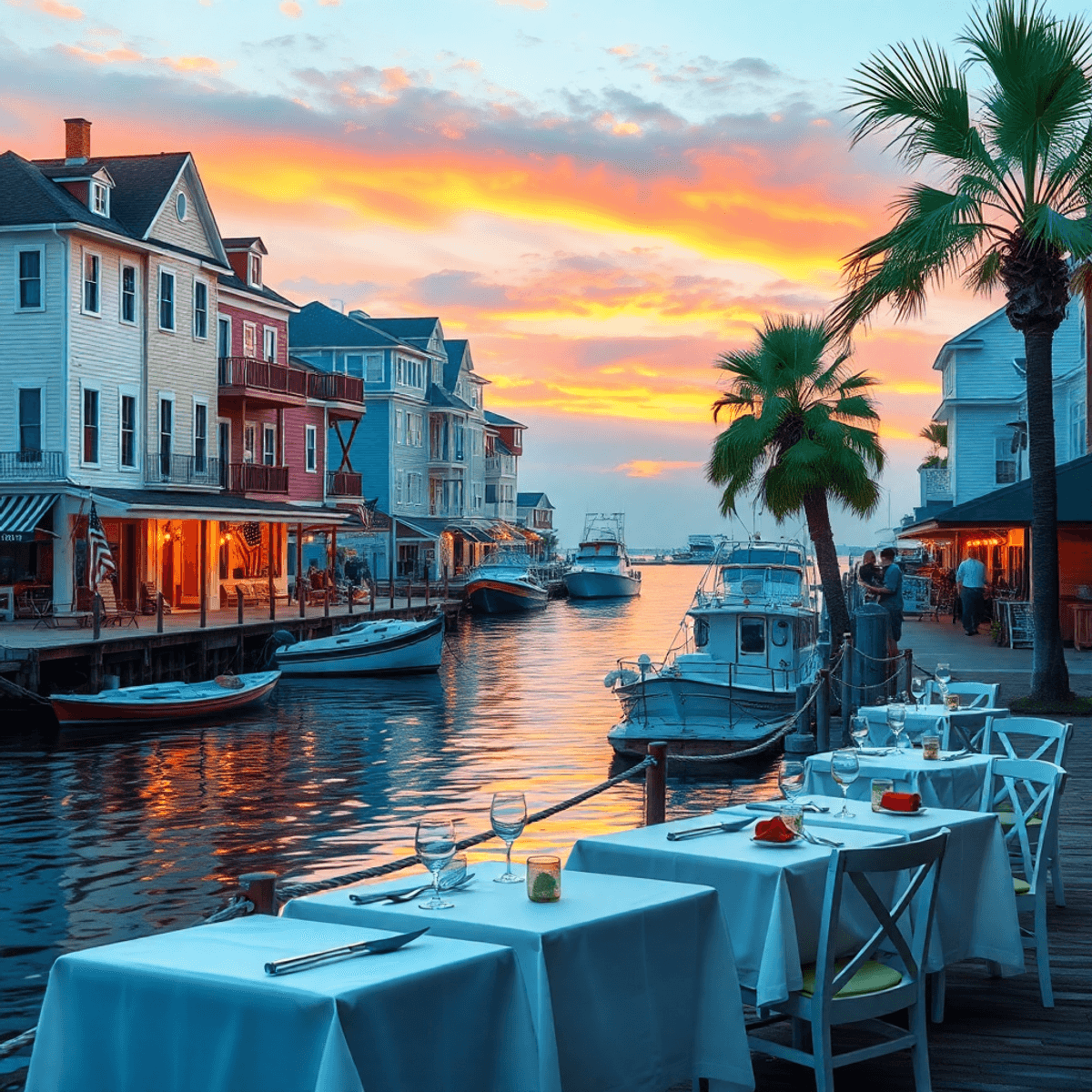 A scenic coastal view of Apalachicola at sunset, with historic buildings, dining tables for two by the water, fishing boats, and palm trees creatin...