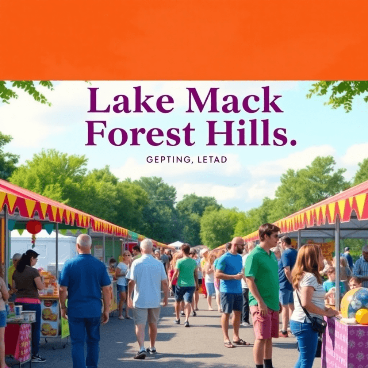 A vibrant community event at Lake Mack-Forest Hills, featuring colorful stalls, festive decorations, food vendors, and people mingling in a lush na...