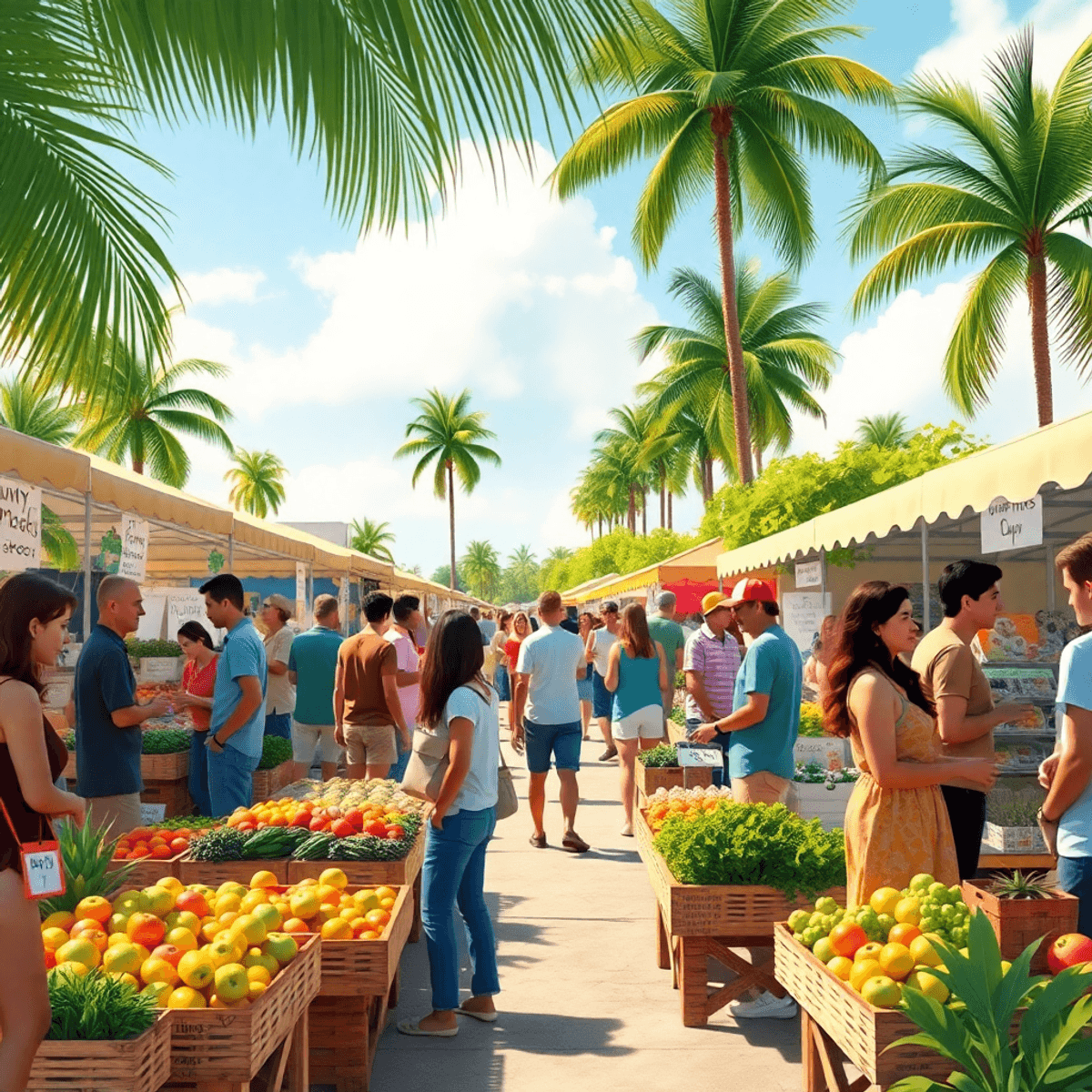 A lively farmers market in Mangonia Park, Florida, with stalls of fresh produce and crafts. People engage in conversation under palm trees and a su...