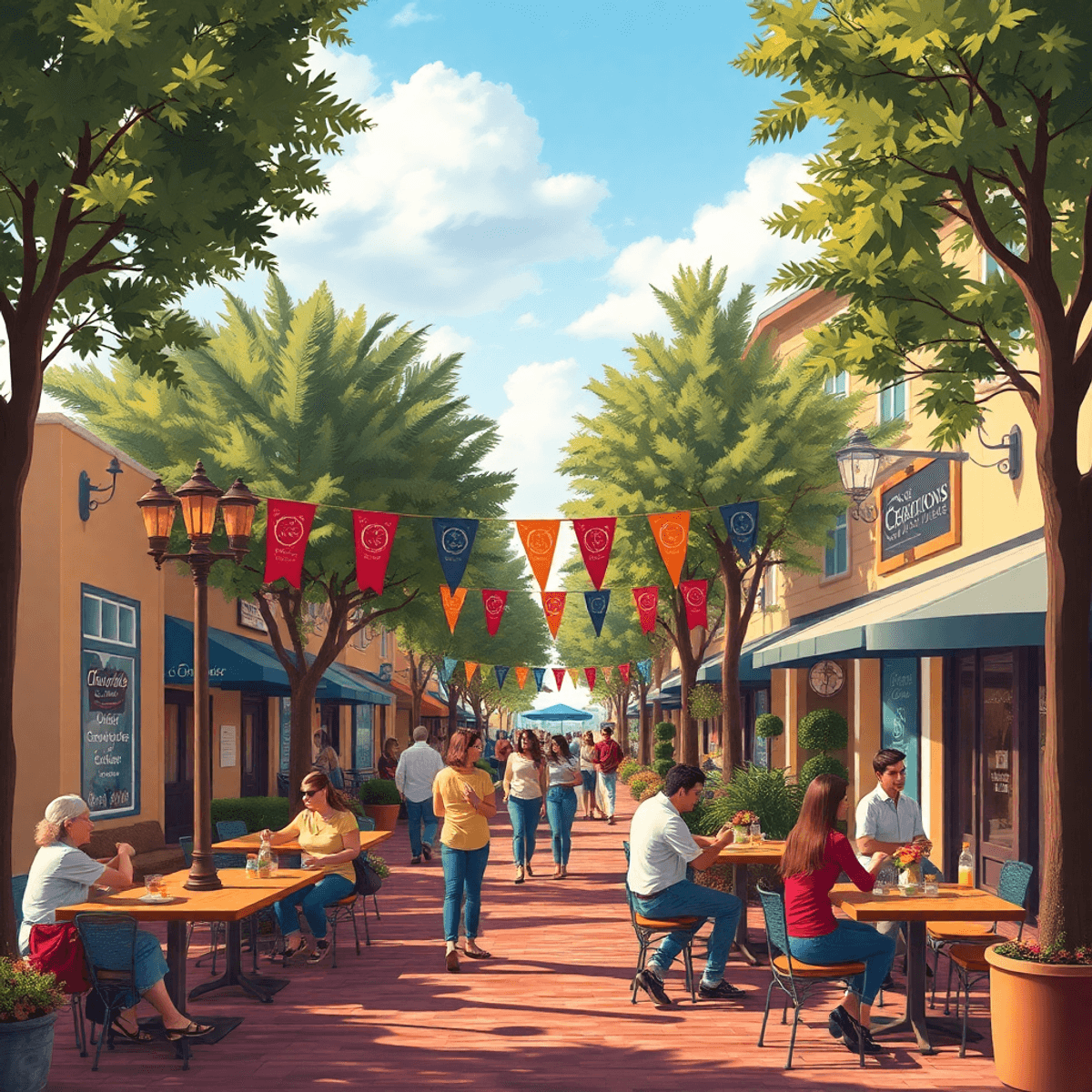 A lively street scene in Desoto Lakes, Florida, with tree-lined pathways, cozy cafes, and small groups chatting, creating a warm and inviting commu...