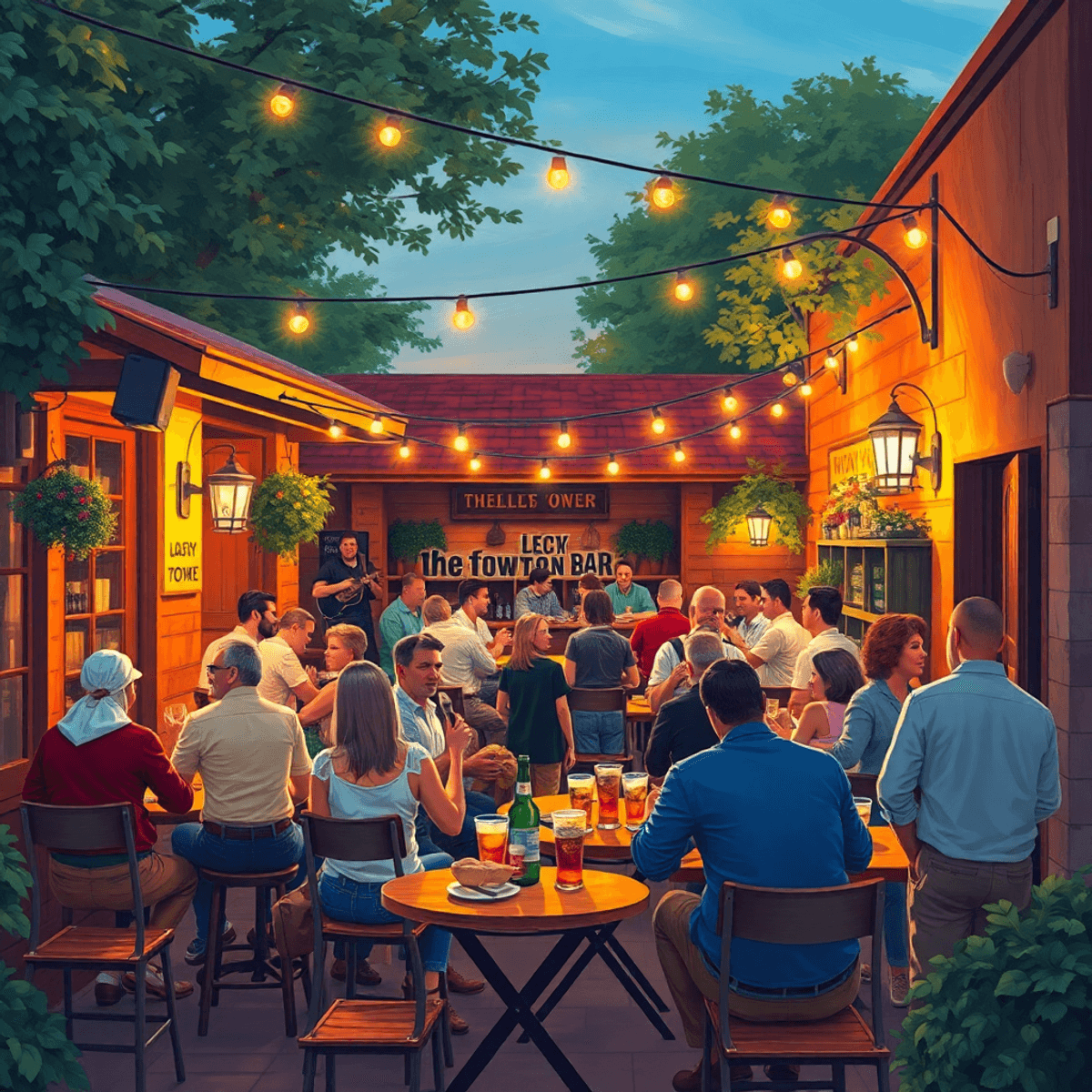 A cozy outdoor bar patio with people enjoying drinks, chatting, and listening to live music, surrounded by warm lighting in a charming small-town s...