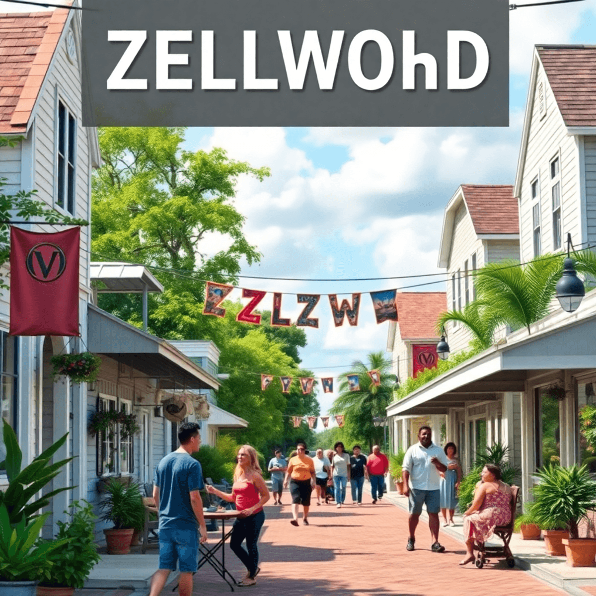 A charming small town scene in Zellwood, Florida, with quaint houses, lush greenery, a community event banner, and people enjoying outdoor activiti...