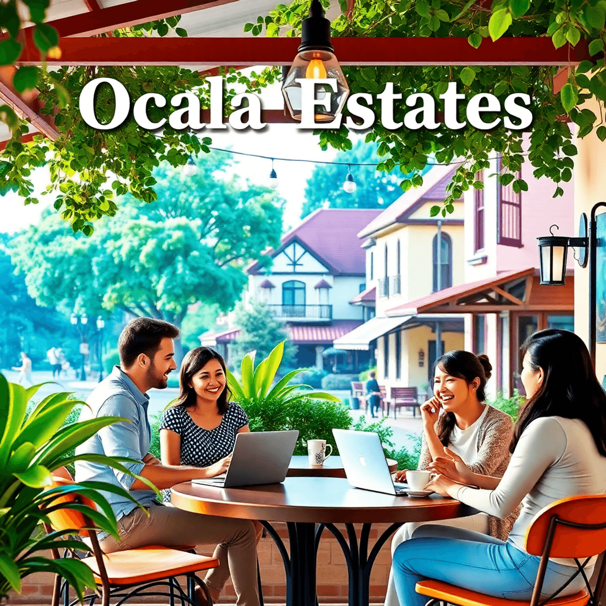 A cozy outdoor café in Ocala Estates, Florida, with a group of singles enjoying coffee and conversations amidst lush greenery and charming architec...