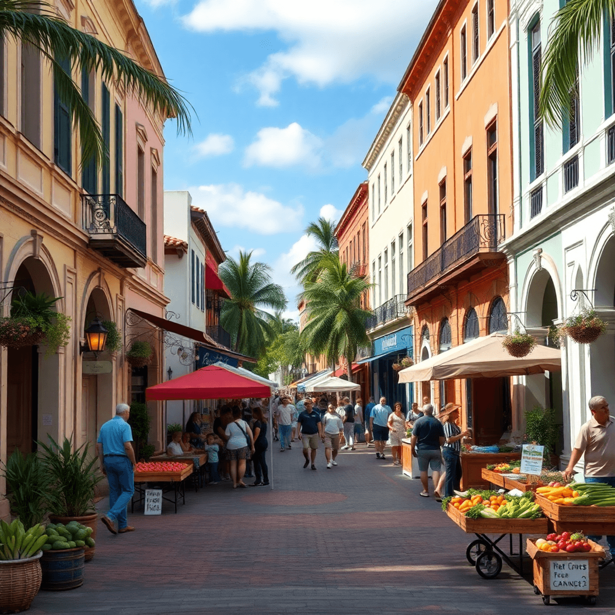 A charming small-town street in Havana, Florida, showcasing historic buildings, cafes, and a farmers' market filled with fresh produce and locals e...